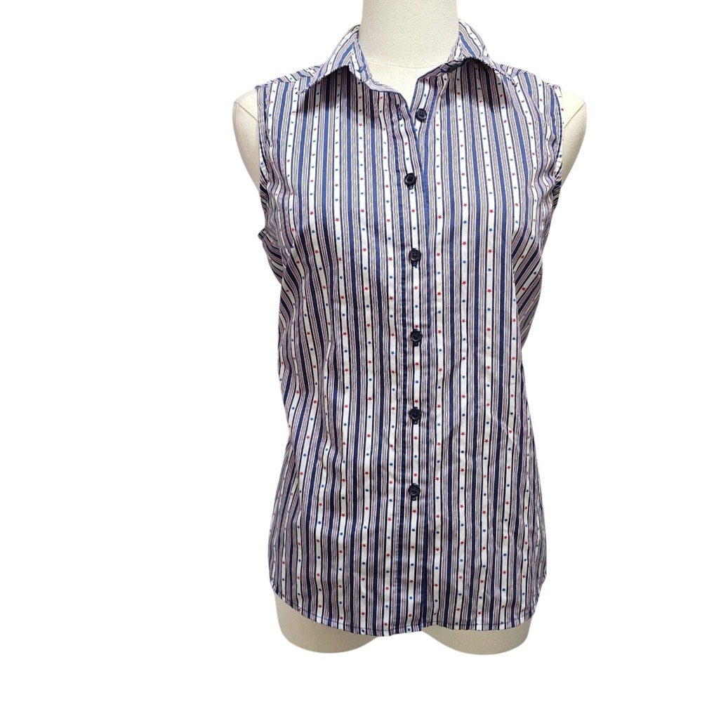 Cascade Blue Womens Sleeveless Button Down Shirt Small Stars Stripes Patriotic